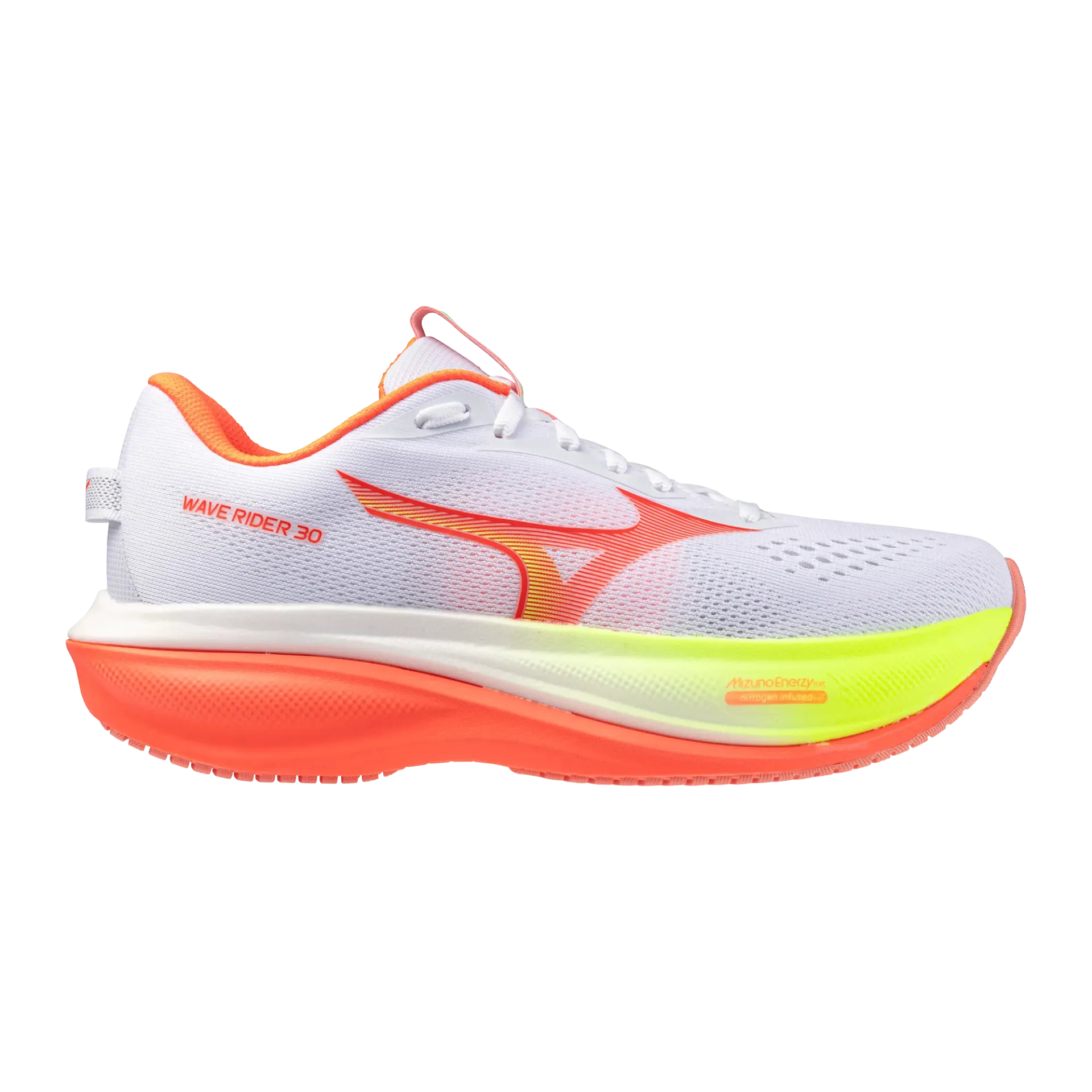 Mizuno Shoe W's Wave Rider 30 - White/Lava Orange/Lime Pulp (40.5)